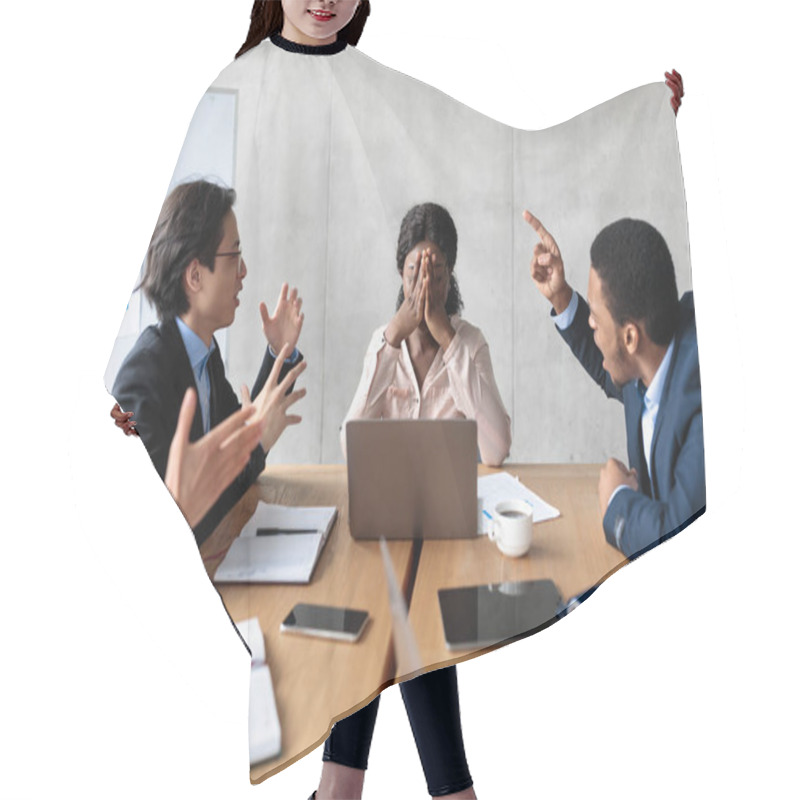 Personality  Discontented Coworkers Shouting At Unhappy Victimized Businesswoman In Office Hair Cutting Cape