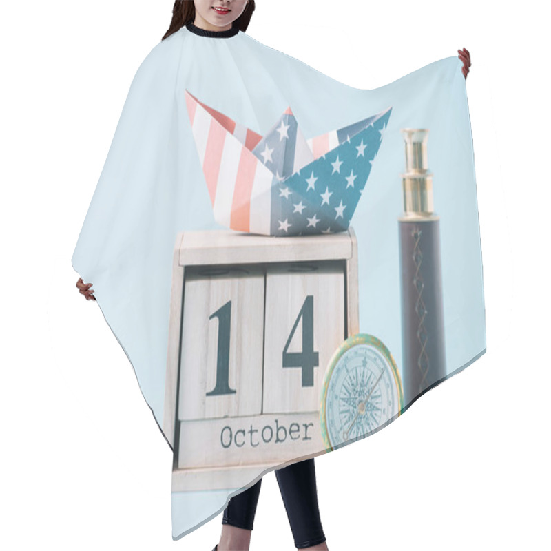 Personality  Paper Boat With American Flag Pattern On Wooden Calendar With October 14 Date Near Compass And Telescope On Blue Background Hair Cutting Cape