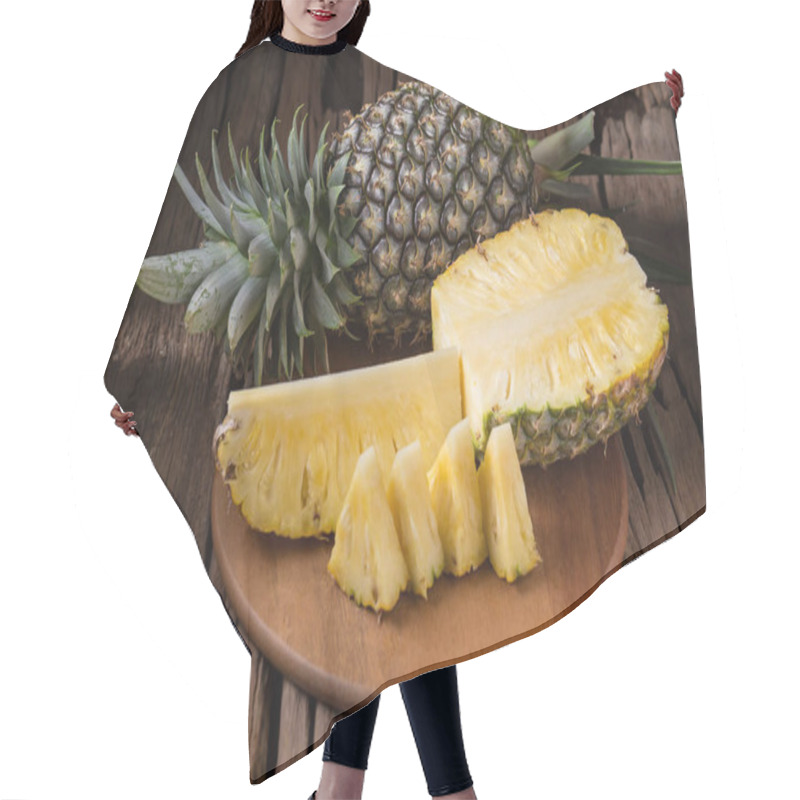 Personality  Pineapple Slices And Pineapple Shelled On Old Wooden Background Hair Cutting Cape