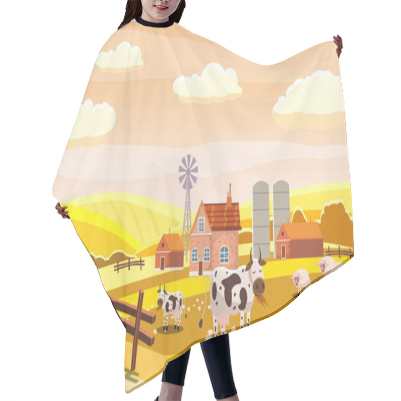 Personality  Autumn Farm Landscape Rural Hills Meadows Fields Countryside Cow Sheeps. Yellow Orange Panorama Horizon. Vector Illustration Isolated Hair Cutting Cape