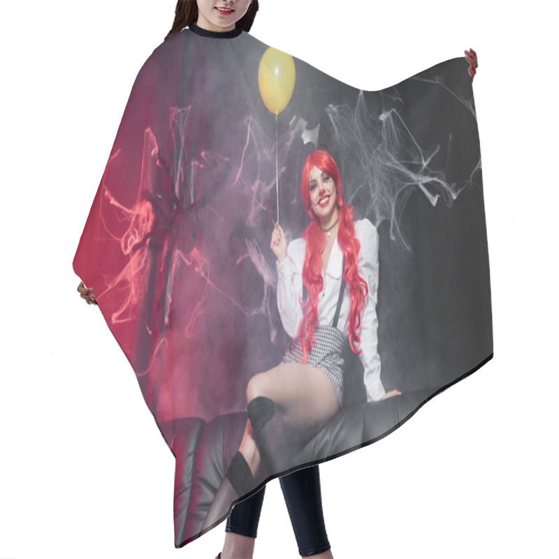 Personality  Happy Woman With Clown Makeup And Yellow Balloon Looking At Camera On Dark Background With Spiderweb Hair Cutting Cape