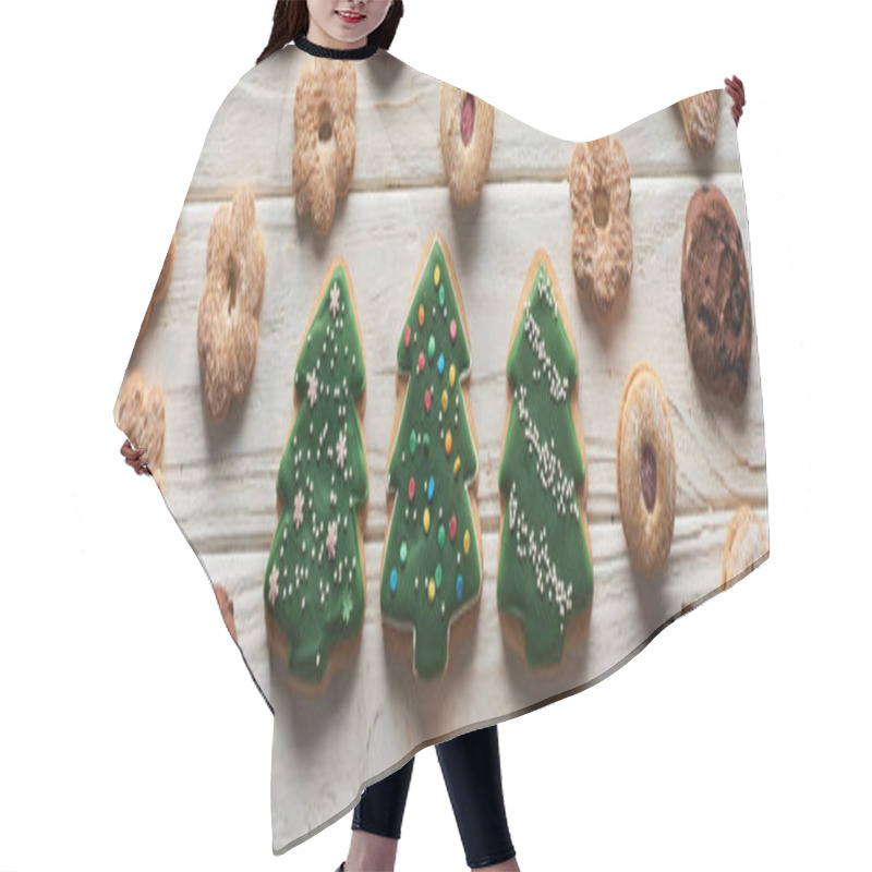 Personality  Top View Of Christmas Tree Cookies On Wooden White Table, Panoramic Shot Hair Cutting Cape