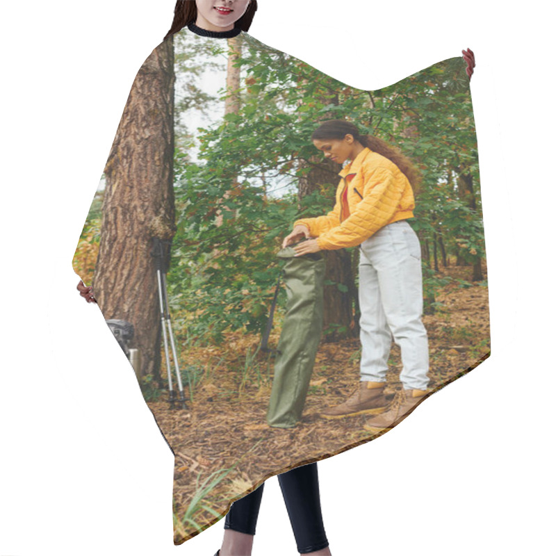 Personality  Exploring The Vibrant Autumn Forest, A Young Woman Prepares For An Adventurous Hike, Connecting With Nature. Hair Cutting Cape