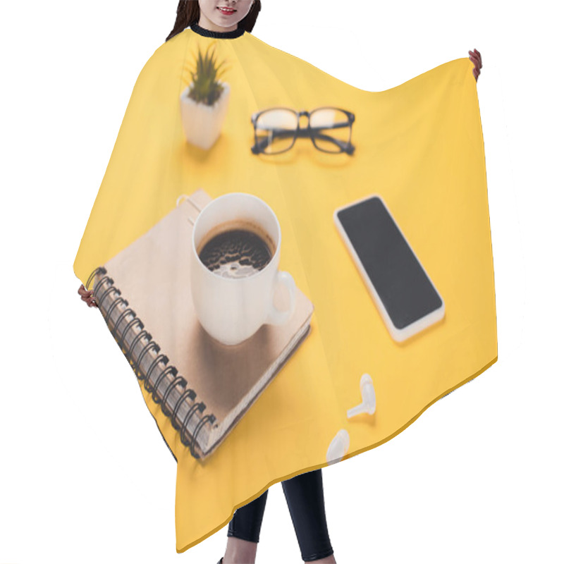 Personality  Coffee Cup On Notebook Near Smartphone, Wireless Earphones, Glasses, Potted Plant And Felt-tip Pen On Yellow Desk Hair Cutting Cape