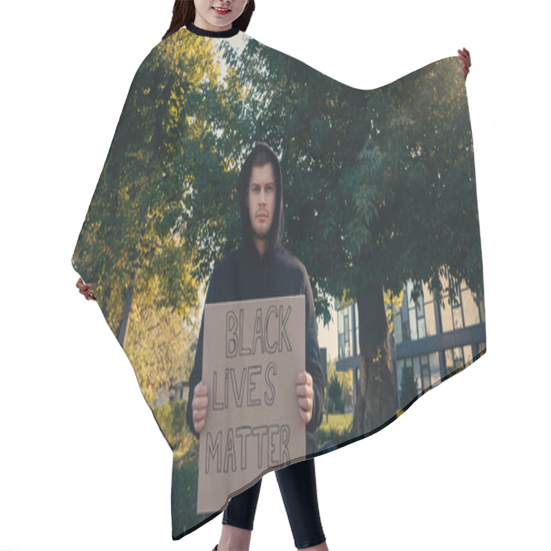 Personality  Young Man In Hoodie Holding Placard With Black Lives Matter Lettering Outside  Hair Cutting Cape