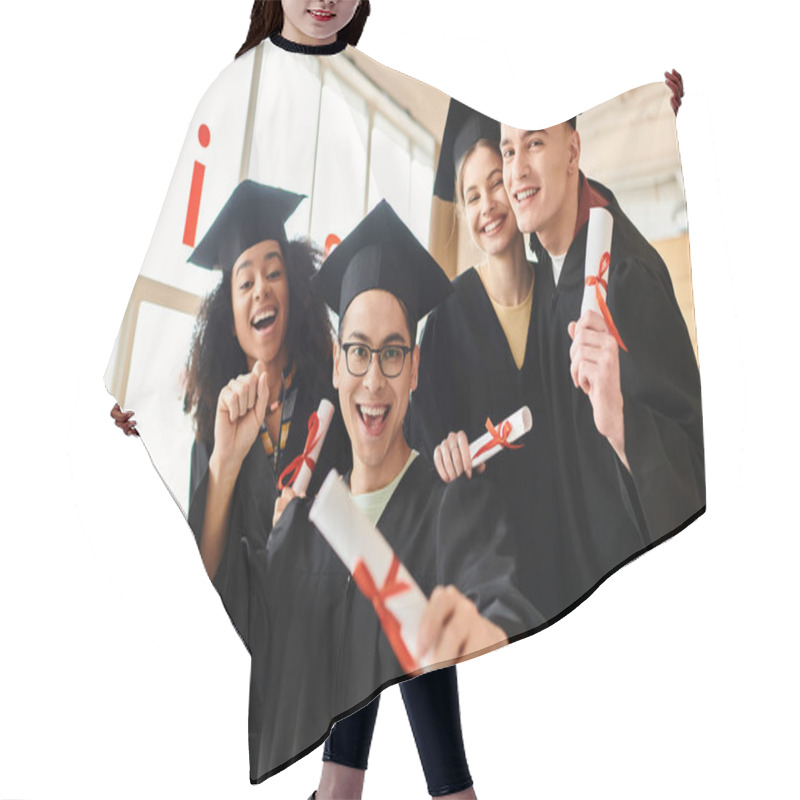 Personality  A Diverse Group Of Students In Graduation Gowns And Caps Joyfully Posing For A Picture To Commemorate Their Academic Success. Hair Cutting Cape