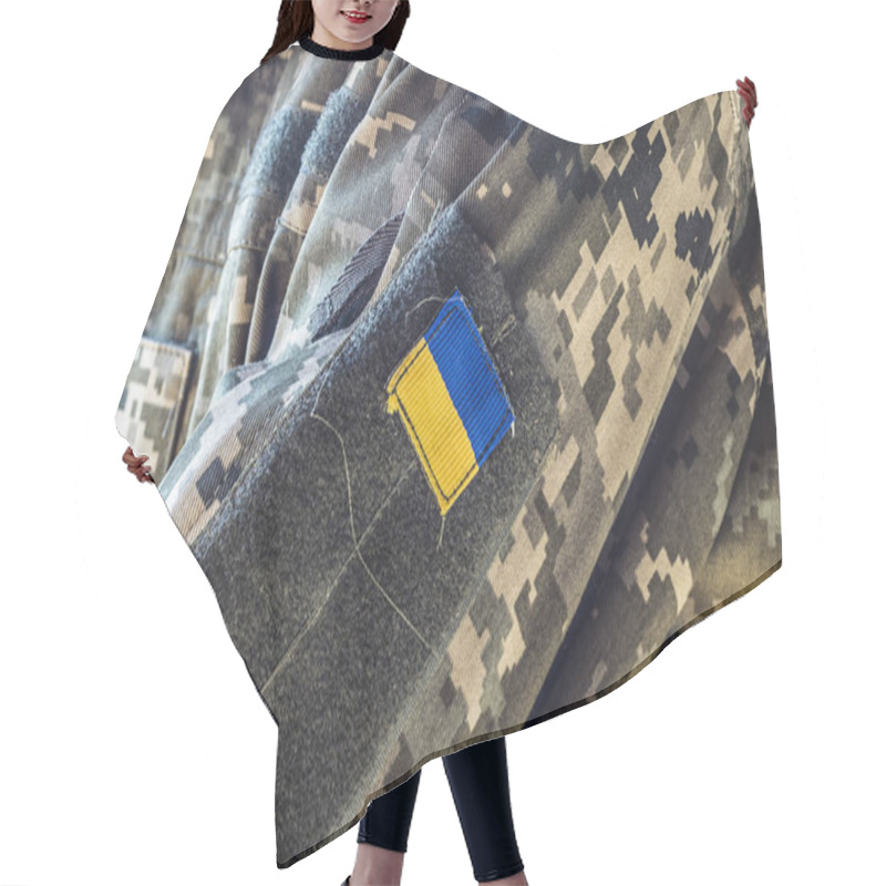 Personality  Closeup Of Military Uniform Surface. Hair Cutting Cape