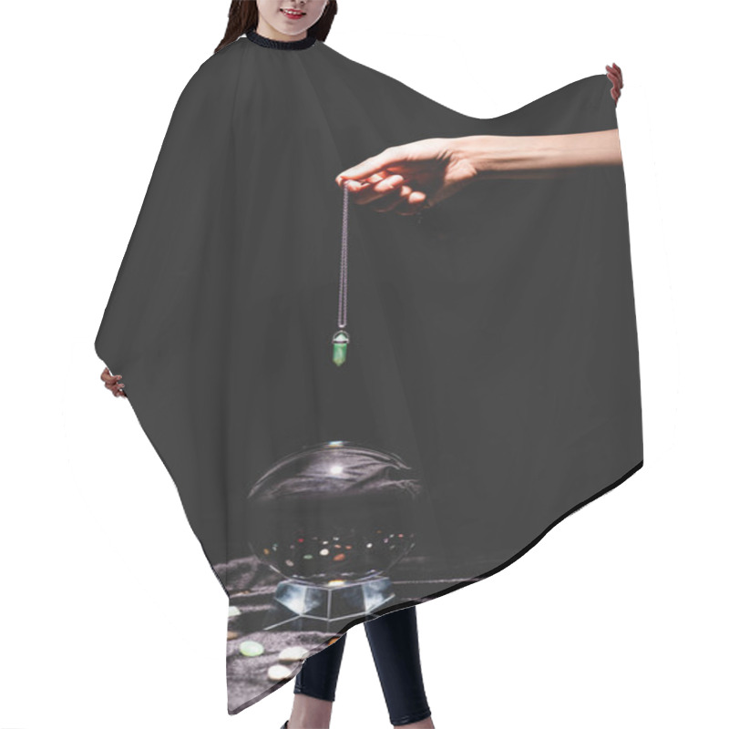 Personality  Cropped View Of Fortuneteller Holding Stone Above Crystal Ball With Fortune Telling Stones On Black Velvet Cloth Isolated On Black Hair Cutting Cape