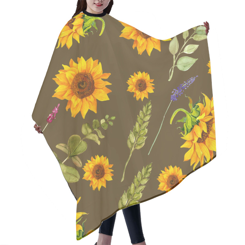 Personality  Bright Seamless Pattern With Sunflowers, Branches, Eucalyptus Leaves, Wheat, Wildflowers. Hair Cutting Cape