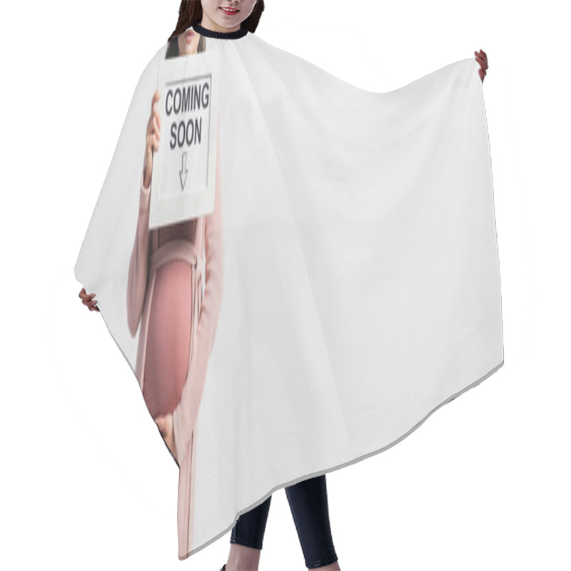 Personality  Panoramic Crop Of Pregnant Woman Holding Board With Coming Soon Lettering Isolated On White Hair Cutting Cape