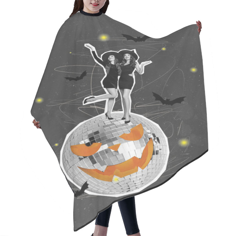 Personality  Template Graphics Collage Image Of Smiling Sexy Witches Dancing Halloween Discotheque Isolated Grey Color Background. Hair Cutting Cape