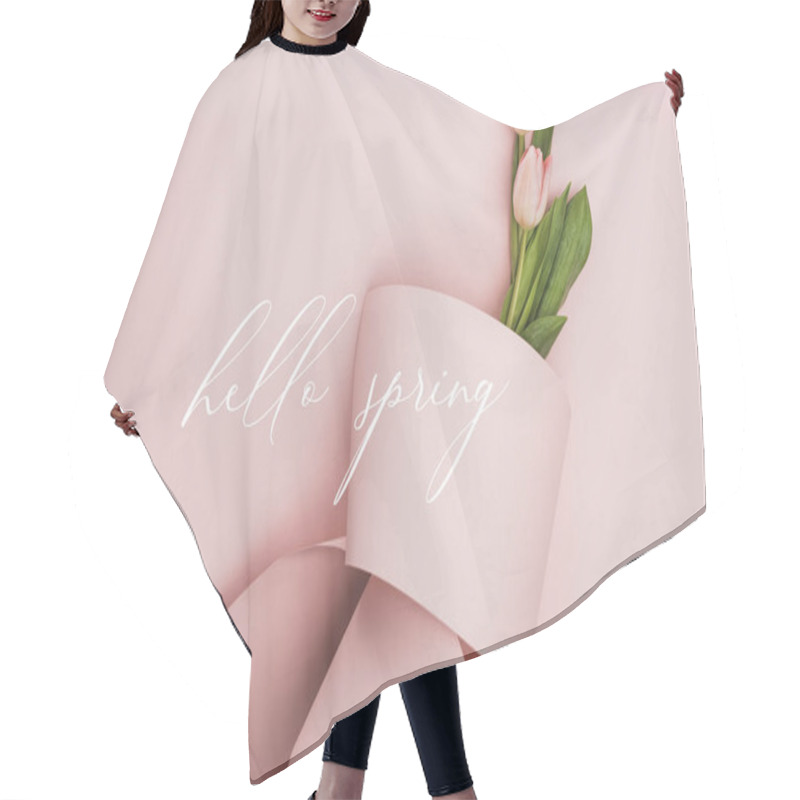 Personality  Top View Of Tulips Wrapped In Paper On Pink Background, Hello Spring Illustration Hair Cutting Cape