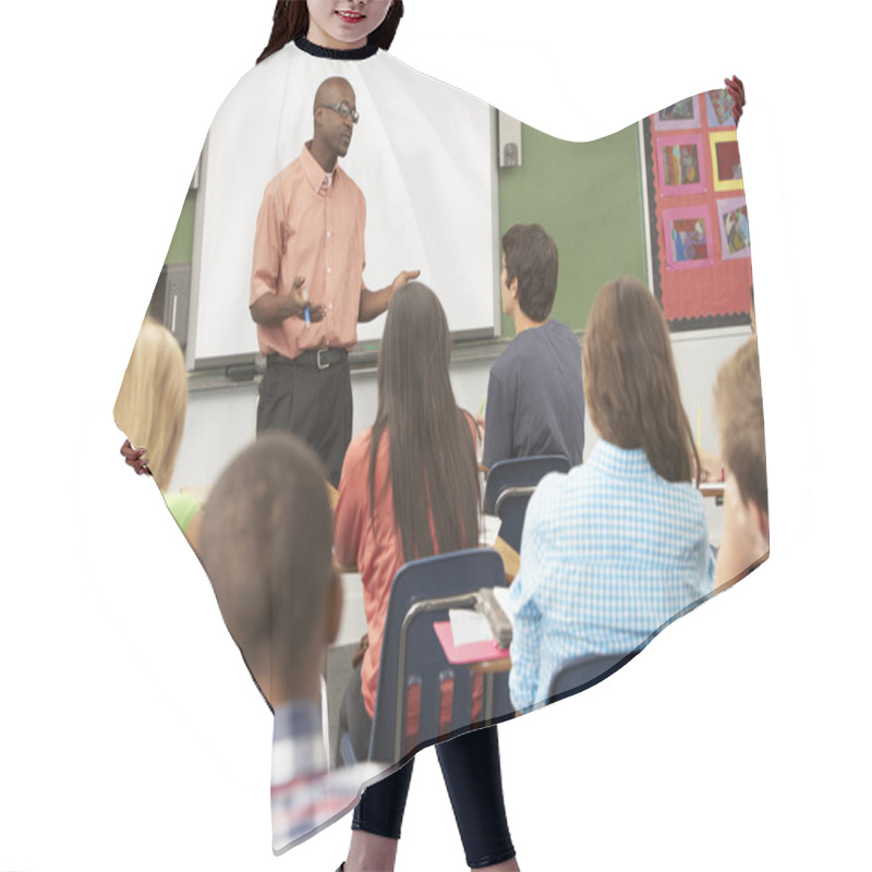 Personality  Teacher Using Interactive Whiteboard During Lesson Hair Cutting Cape