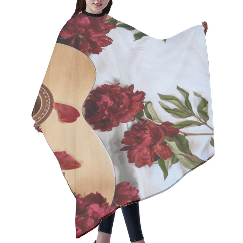 Personality  An Acoustic Wooden Guitar Lies On A White Sheet Surrounded By Red Peonies. Cover For Music Album, Music Concept, Guitar Playing, Romantic Serenade Hair Cutting Cape