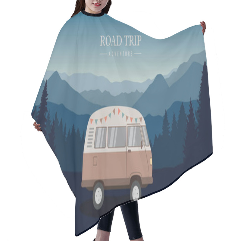 Personality  Road Trip Adventure In The Wilderness With Camper Van Vector Illustration EPS10 Hair Cutting Cape