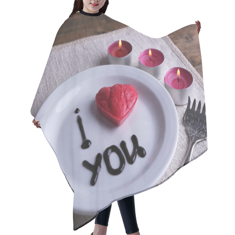 Personality  Cookie In Form Of Heart On Plate With Inscription I Love You, And Candles On Napkin And Wooden Table Background Hair Cutting Cape