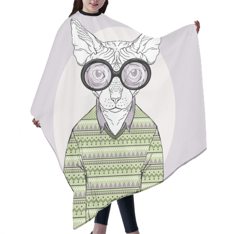 Personality  Hand Drawn Fashion Illustration Of Sphinx Cat Hipster Hair Cutting Cape