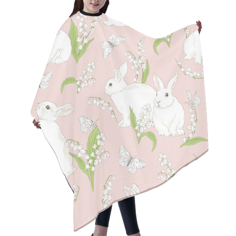 Personality  Cute Bunny In Spring Bloomy Garden Vector Seamless Pattern. Hair Cutting Cape