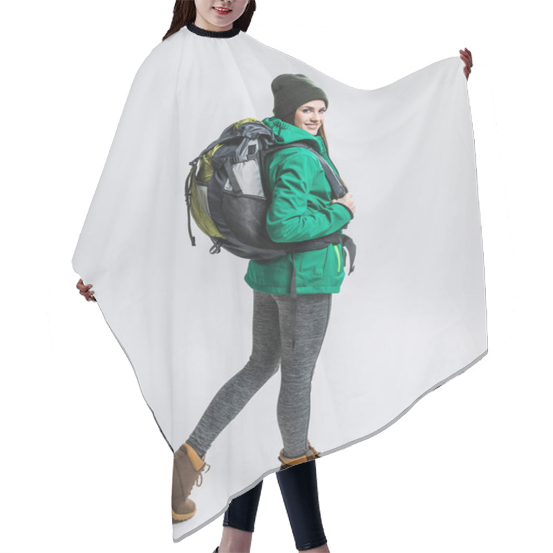 Personality  Smiling Female Traveler With Backpack, Isolated On Grey Hair Cutting Cape