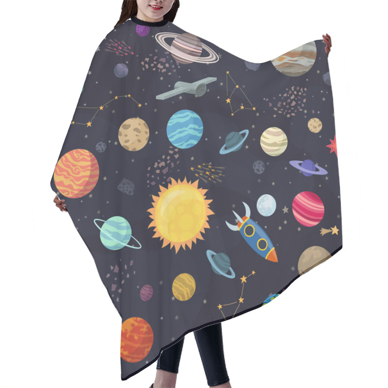 Personality  Carton Seamless Space With Planets And Spaceships. Vector Illustration Hair Cutting Cape