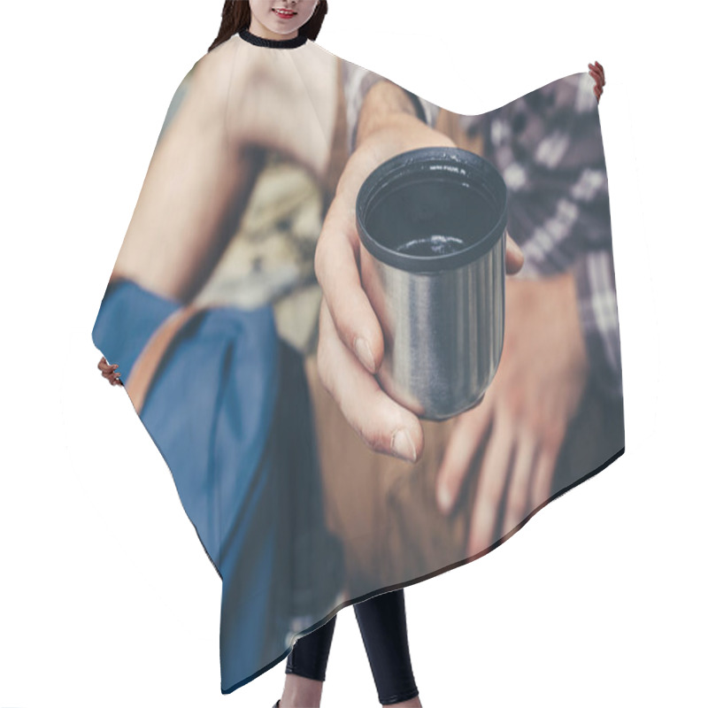 Personality  Unrecognizable Hiker Man Drink Tea Or Coffee From Thermos, Closeup Hair Cutting Cape