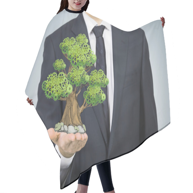 Personality  A Person In Formal Suit Holds A Sketched Tree On The Palm. Light Grey Background. A Concept Of The Business Development. Hair Cutting Cape