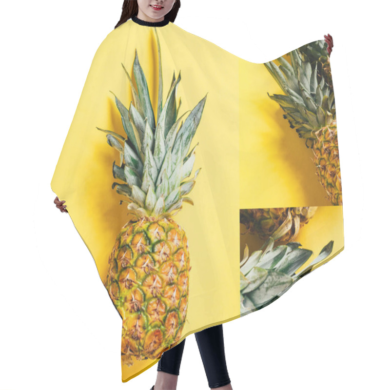 Personality  Collage Of Fresh Ripe Pineapples With Green Leaves On Yellow Background Hair Cutting Cape