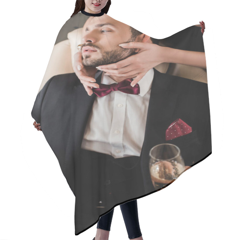 Personality  Cropped View Of Woman Touching Face Of Handsome Man Holding Glass Of Champagne Hair Cutting Cape