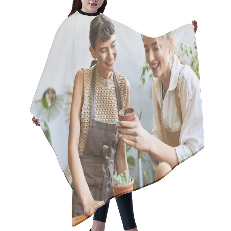 Personality  Two Women Admiring A Potted Plant With Love And Curiosity. Hair Cutting Cape