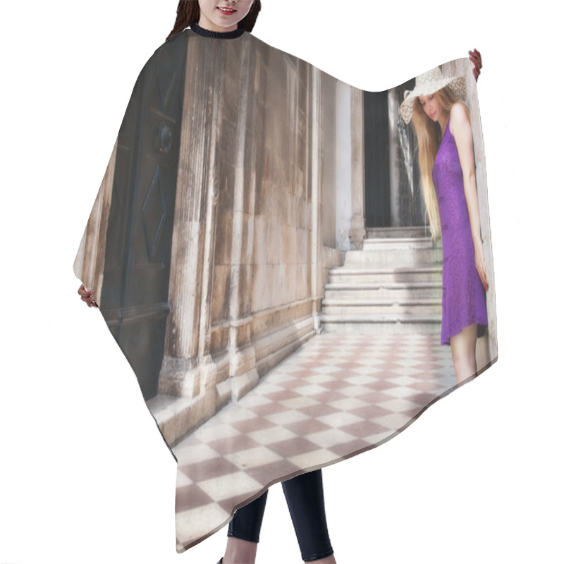 Personality  Sensual Young Woman And Ancient Building Hair Cutting Cape