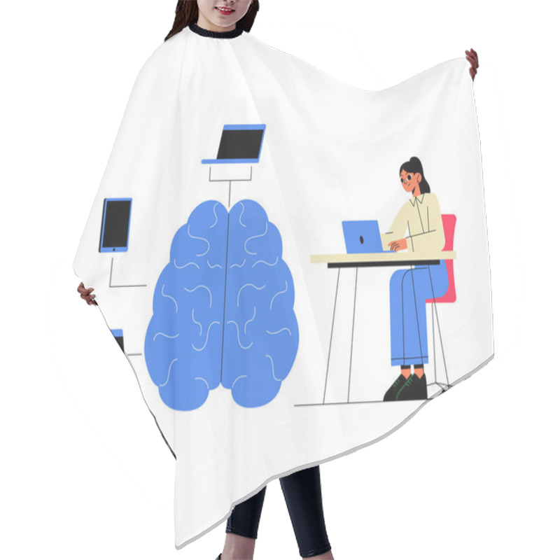 Personality  Woman Working On A Laptop Connected To An AI Brain Network With Multiple Devices Linked To Artificial Intelligence. Flat Vector Illustration Representing Neural Networks And Machine Learning Hair Cutting Cape