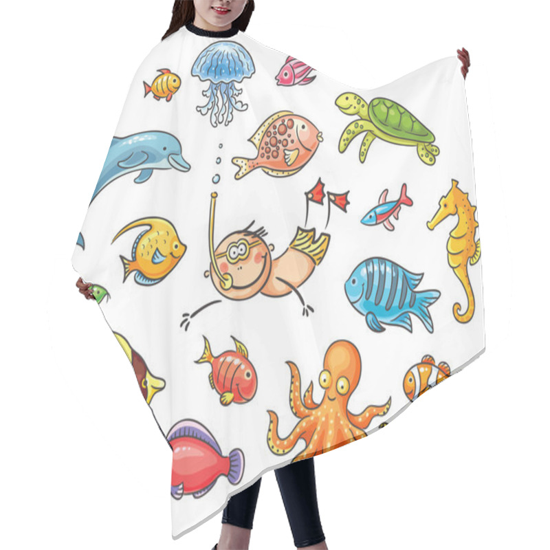 Personality  Diver With A Set Of Sea Animals Hair Cutting Cape