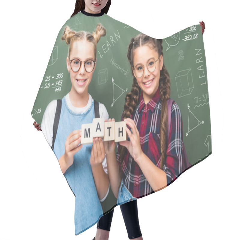 Personality  Schoolchildren Holding Wooden Cubes With Word Math Near Blackboard With Mathematics Symbols Hair Cutting Cape