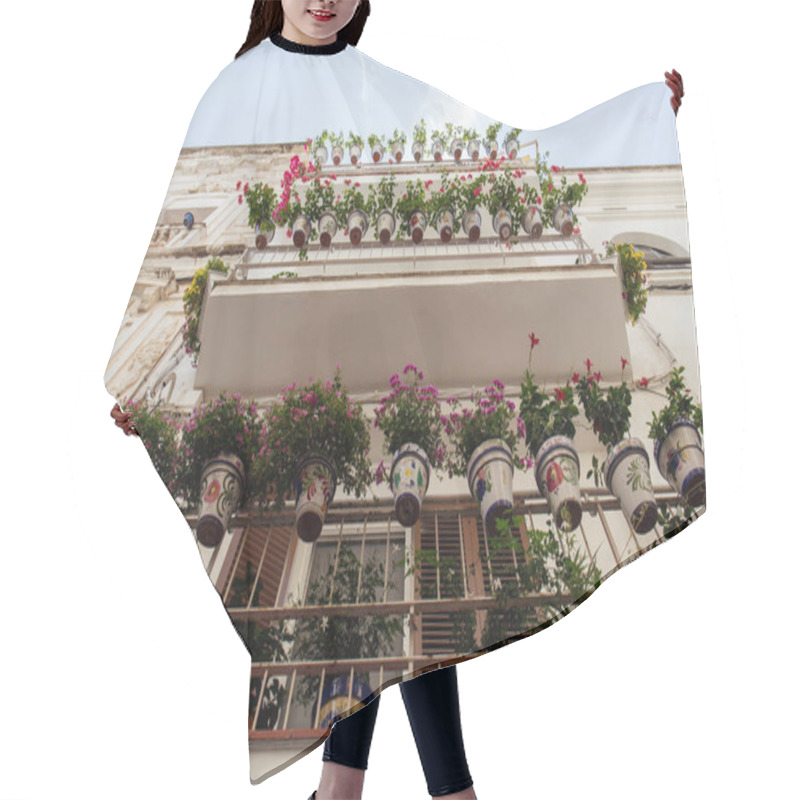 Personality  Bottom View Of Blooming Flowers On Balcony Of House In Catalonia, Spain Hair Cutting Cape