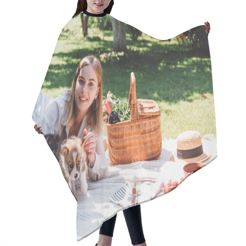 Personality  Happy Blonde Girl Sitting On Blanket In Garden And Having Picnic With Puppies At Sunny Day Hair Cutting Cape