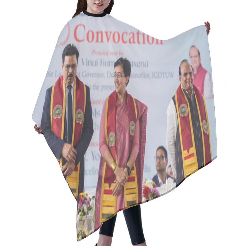 Personality  NEW DELHI INDIA NOVEMBER 22 2024  Delhi Lt  Governor Vinai Kumar Saxena  Chief Minister Atishi  Vice Chancellor Of The University Of Delhi Yogesh Singh  L  And Others During The 7th Convocation Of The Indira Gandhi Delhi Technical University For Wome Hair Cutting Cape