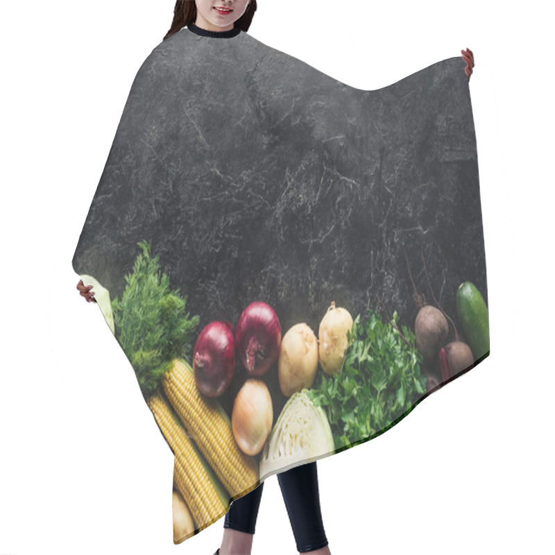 Personality  Flat Lay With Food Composition Of Autumn Harvest On Black Marble Surface Hair Cutting Cape