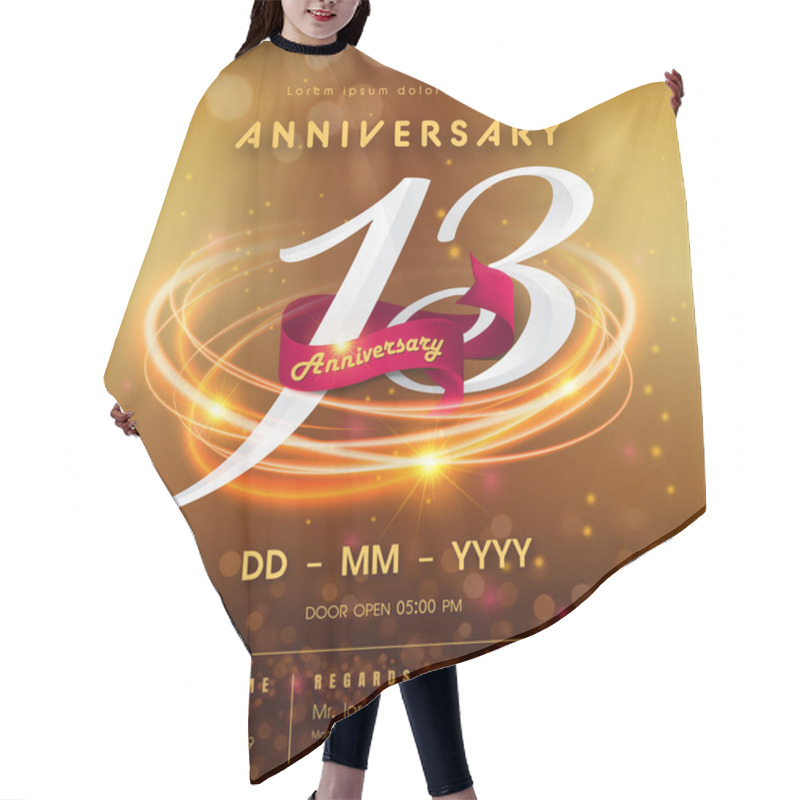 Personality  13 Years Anniversary Logo Template On Golden Abstract Futuristic Space Background. 13th Modern Technology Design Celebrating Numbers With Hi-tech Network Digital Technology Concept Design Elements. Hair Cutting Cape