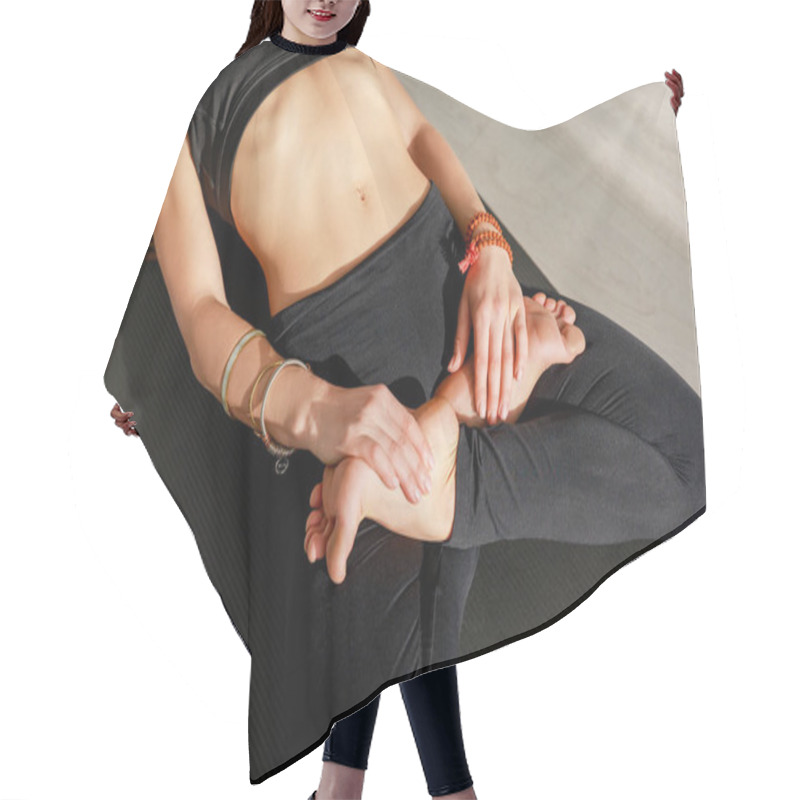 Personality  Cropped View Of Flexible Woman In Reclining Hero Pose On Yoga Mat  Hair Cutting Cape