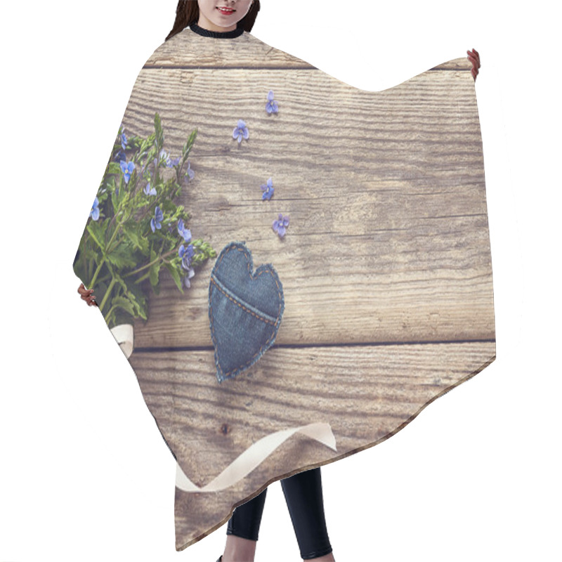 Personality  Bouquet Of Blue Wild Flowers And Denim Heart On A Background Of  Hair Cutting Cape