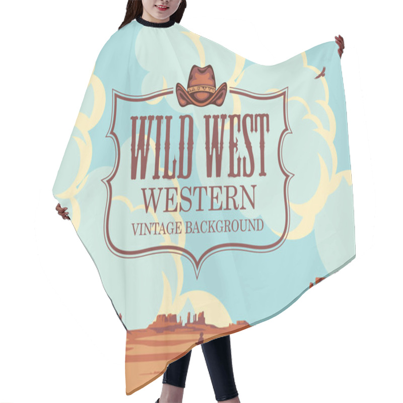 Personality  Vector Banner On The Theme Of The Wild West With Cowboy Hat And Emblem. Decorative Landscape With American Prairies, Cloudy Sky And Silhouettes Of Cowboys On Horseback. Western Vintage Background Hair Cutting Cape