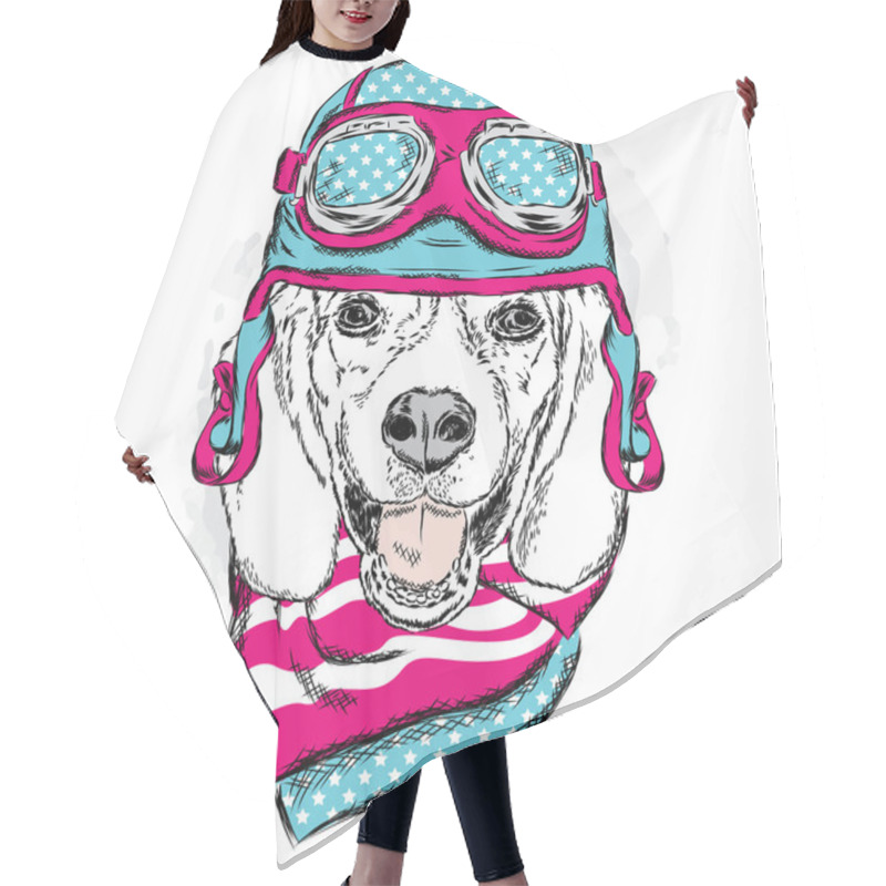 Personality  Funny Dog Wearing A Helmet And Scarf. Biker Or Pilot. Vector Illustration For Greeting Card, Poster, Or Print On Clothes. Funny Dog. Hair Cutting Cape