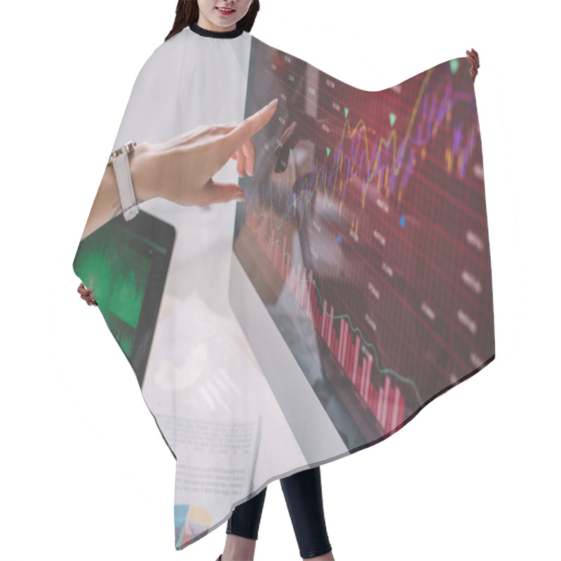 Personality  Cropped View Of Information Security Analyst Pointing With Finger On Charts On Computer Monitor Hair Cutting Cape