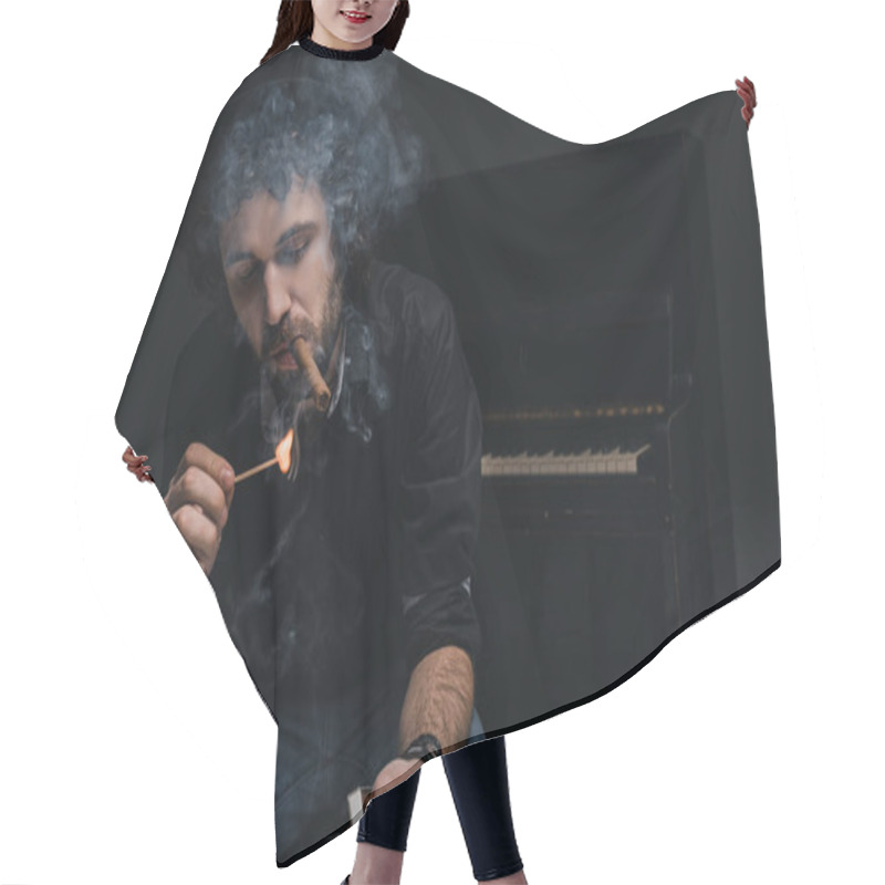 Personality  Handsome Bearded Musician Smoking Cigar In Front Of Piano On Black Hair Cutting Cape