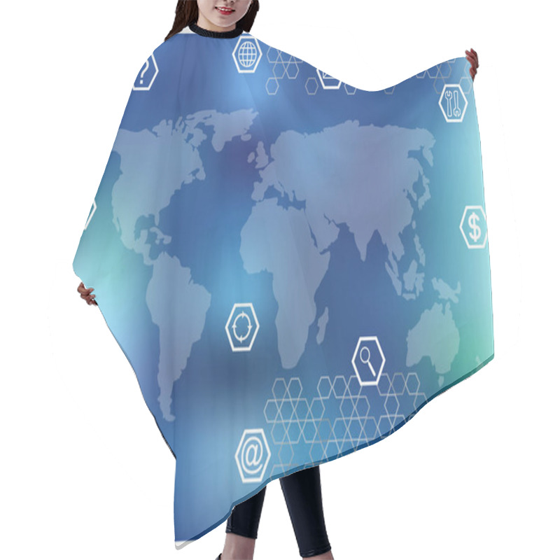 Personality  Modern Vector Communication Concept, World Map Silhouettes And Web Icons Isolated On Blue Background Hair Cutting Cape