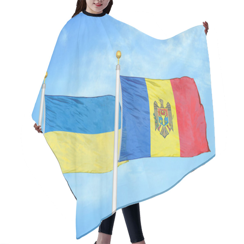 Personality  Ukraine And Moldova Two Flags On Flagpoles And Blue Cloudy Sky Background Hair Cutting Cape