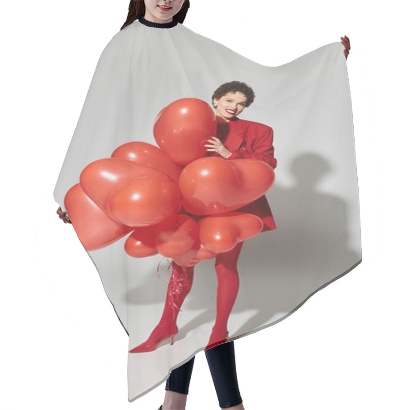 Personality  A Young Woman In Red Joyfully Embraces Heart Shaped Balloons. Hair Cutting Cape