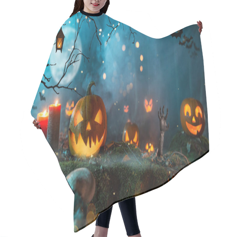 Personality  Halloween Pumpkins On Dark Spooky Forest With Blue Fog In Background. Hair Cutting Cape