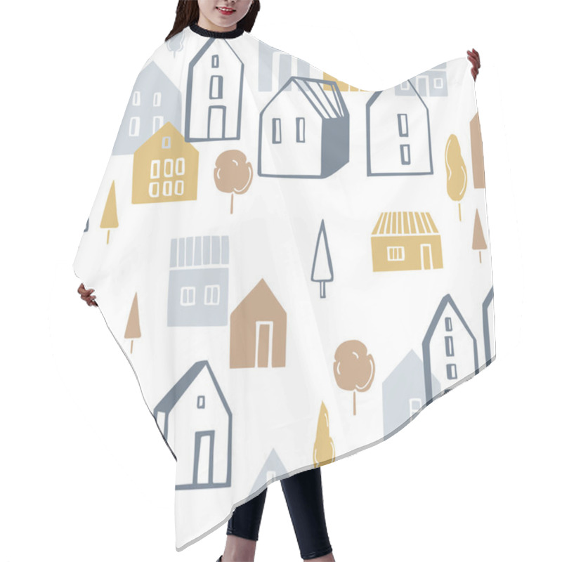 Personality  Vector Seamless Pattern With Small Houses On White Background. Hair Cutting Cape