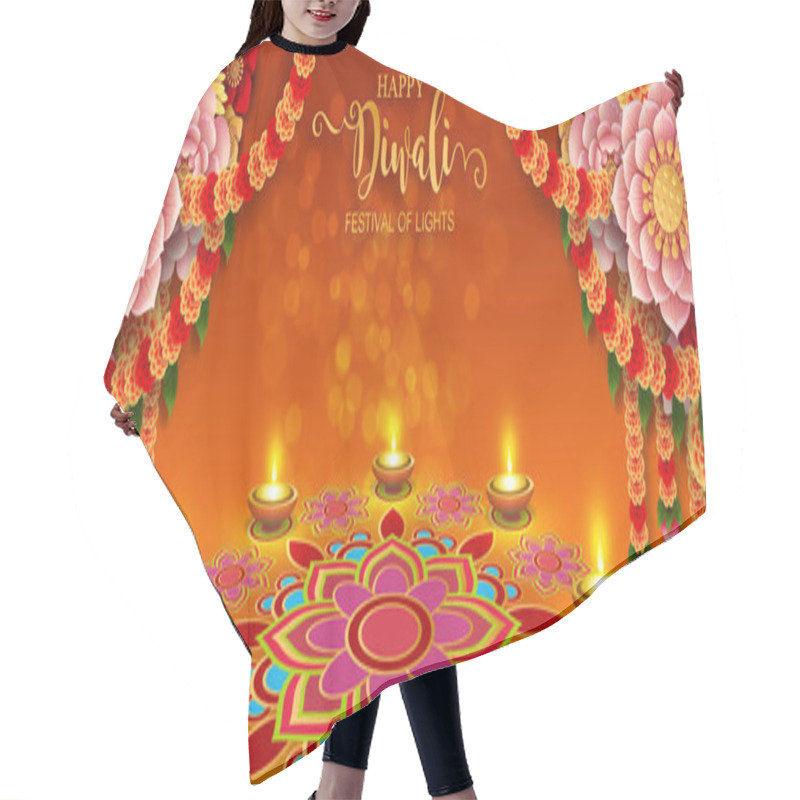 Personality  Happy Diwali Festival Card With Gold Diya Patterned And Crystals On Paper Color Background. Hair Cutting Cape